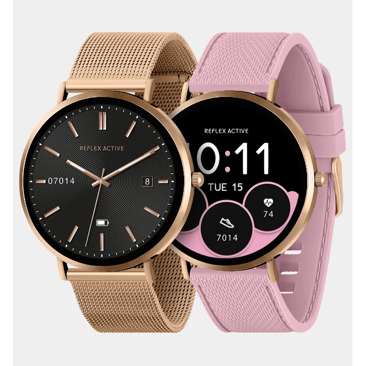 REFLEX ACTIVE Series 42 Smart Watch - Black with Rose Gold Mesh Strap & Pink Silicone Strap